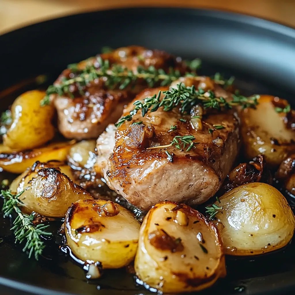 Zarter Schweinenacken mit Äpfeln und Zwiebeln